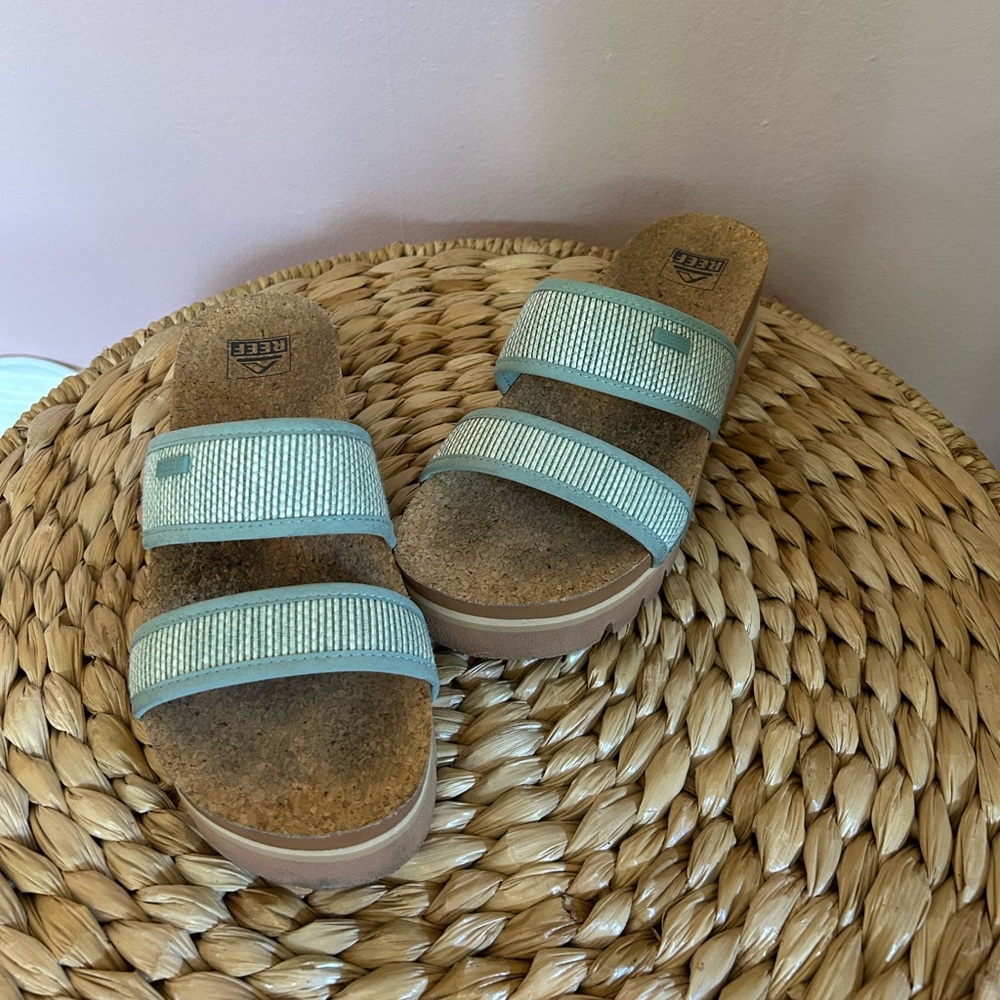 Reef Women's Sandals in Light Blue and Tan with cork footbed